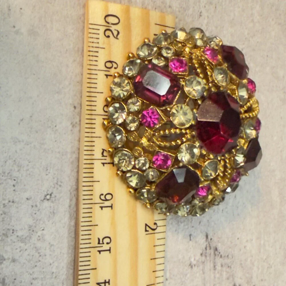 Capri Rhinestone Dome Brooch Gold Tone Deep Garnet Pink Statement – 1.9”